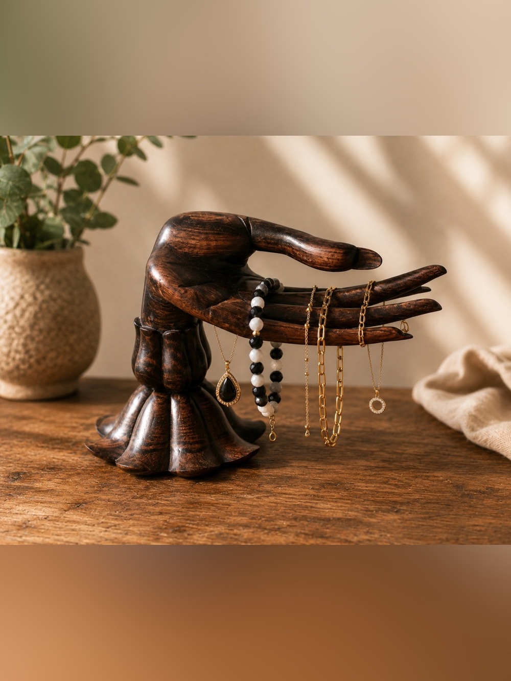 Rare Balinese Hand-Carved Wooden Jewelry Holder Hand 🪷 Lotus Base Artisan Decor